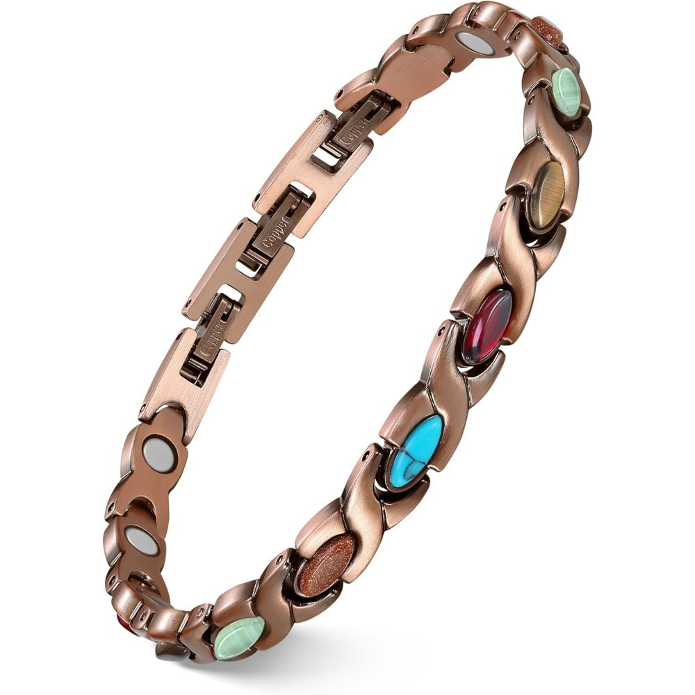 Feraco Pure Copper Bracelets for Women, Ultra Strength Magnetic Bracelet with 3800 Gauss Magnets & Natural Turquoise & Stones, Adjustable, Jewelry Gift