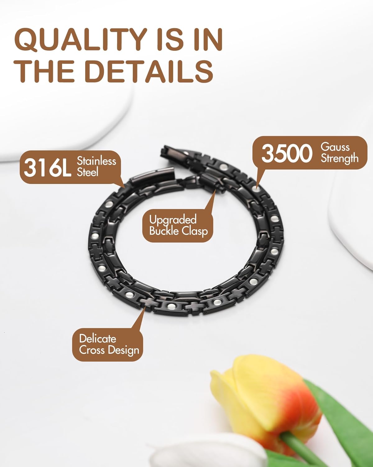 Feraco Magnetic Necklace for Men Women, Titanium Stainless Steel Magnetic Chain with Ultra Strength Neodymium Magnets & Cross Pattern, Black Jewelry Gift, Adjustable