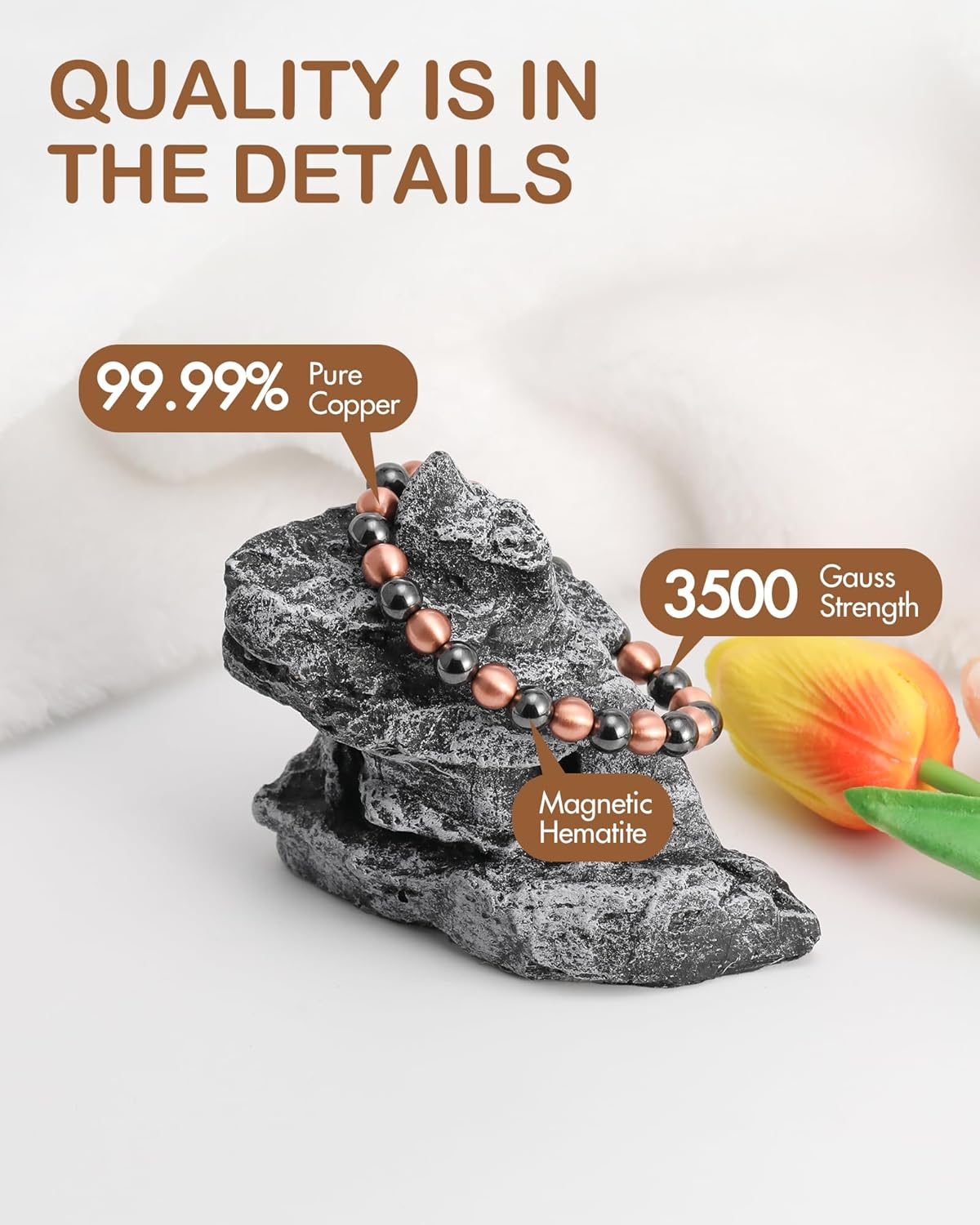 Feraco Pure Copper Magnetic Bead Bracelet for Men Women, 8mm 99.99% Solid Copper & 3500 Gauss Magnetic Hematite Beads, Unisex Stretch Wristband, Gift-Ready Jewelry