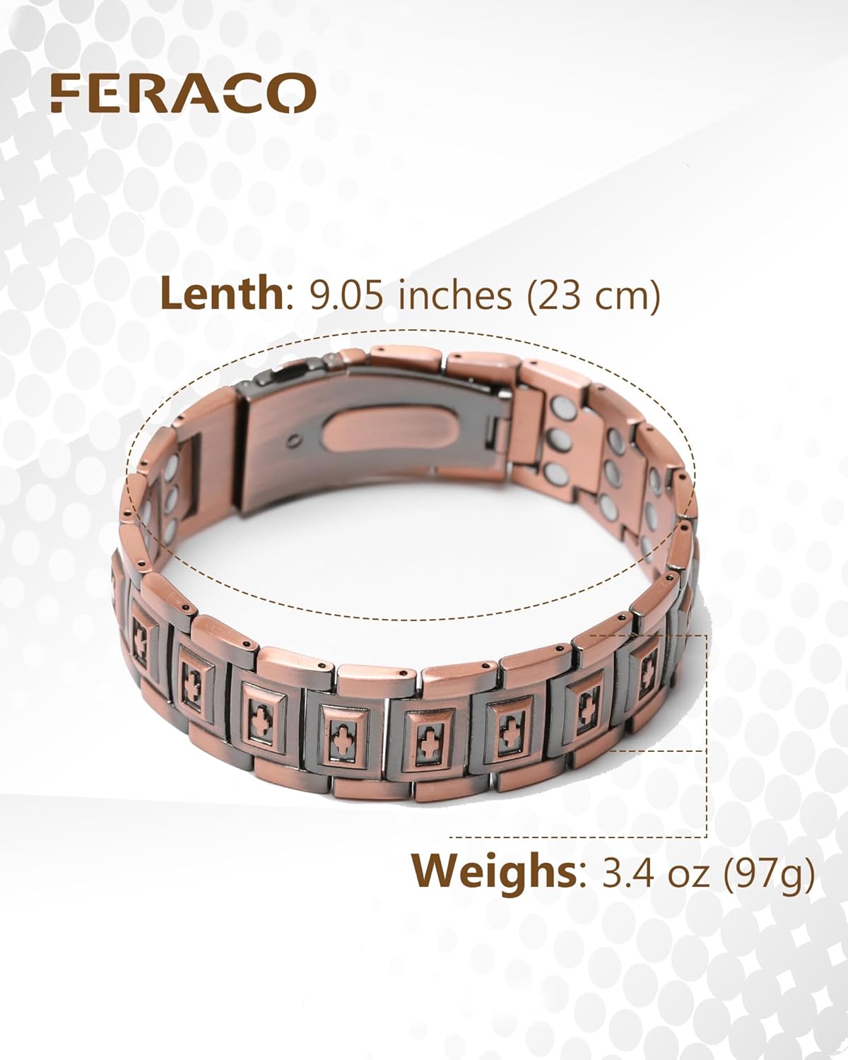 Feraco 3X Strength Copper Magnetic Cross Bracelet for Men - 99.99% Pure Copper with 3800 Gauss Magnets,Gifts for Him