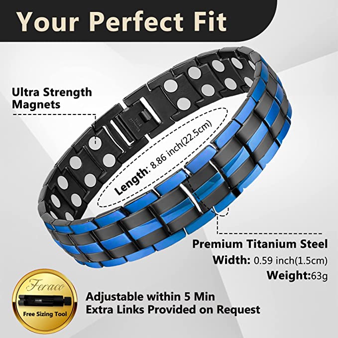 Black & 3 Blue Line Double Row Magnets Titanium Steel Magnetic Bracelet