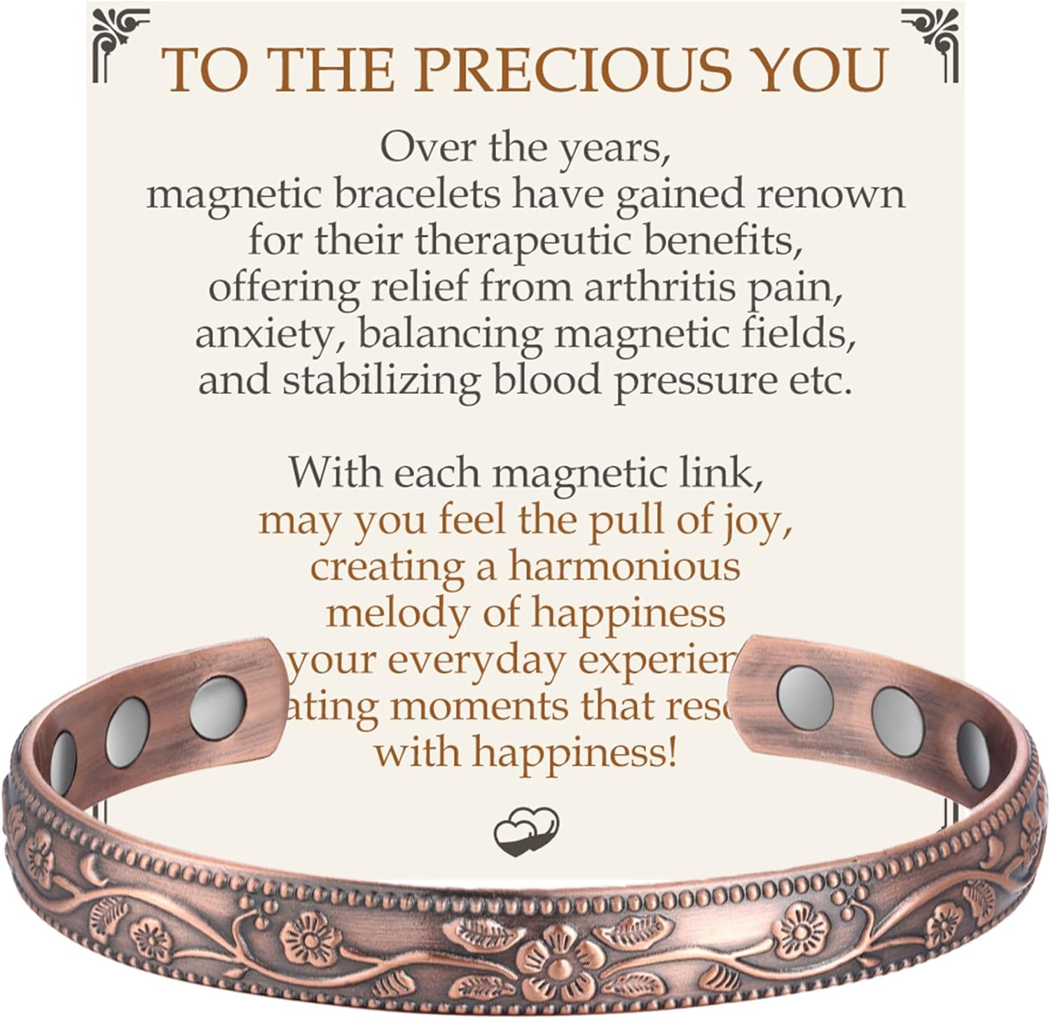 Feraco Copper Bracelet for Women, Ultra Strength Magnetic Bracelets, 99.99% Pure Copper Cuff Bangle with 3500 Gauss Neodymium Magnets, Adjustable with Gift Card