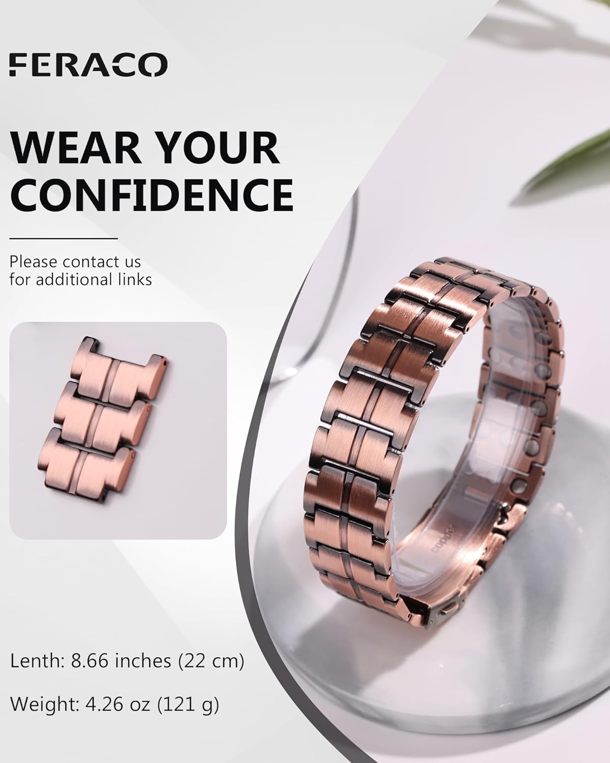 Feraco 3X Strength Copper Magnetic Bracelet for Men,99.99% Pure Copper with 3800 Gauss Magnets,Copper Gifts for Him