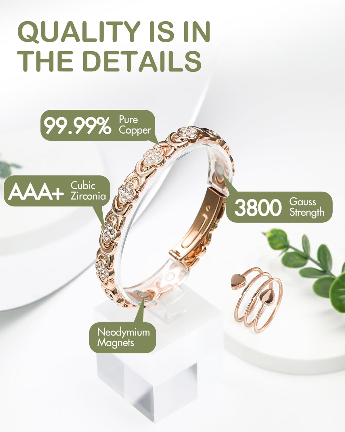 Feraco Pure Copper Bracelets & Rings for Women, Ultra Strength Magnetic Bracelet for Women with Neodymium Magnets & Sparkling Cubic Zirconia, Adjustable, Infinite Clover Jewelry (Rose Gold)