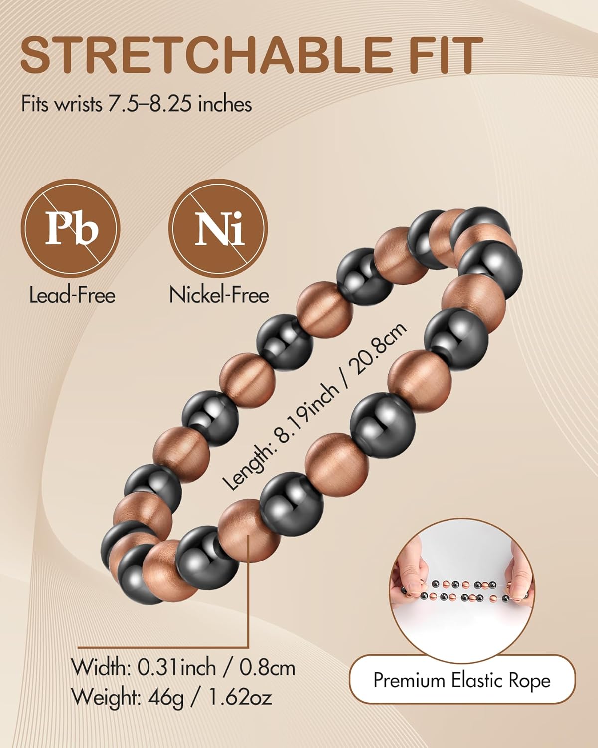 Feraco Pure Copper Magnetic Bead Bracelet for Men Women, 8mm 99.99% Solid Copper & 3500 Gauss Magnetic Hematite Beads, Unisex Stretch Wristband, Gift-Ready Jewelry