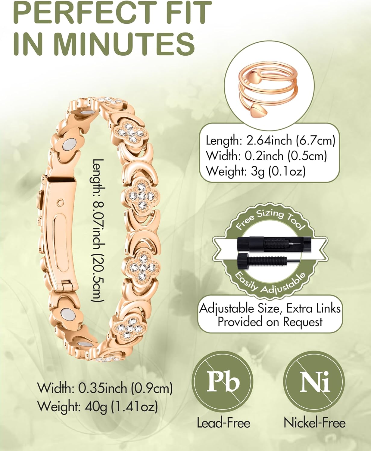Feraco Pure Copper Bracelets & Rings for Women, Ultra Strength Magnetic Bracelet for Women with Neodymium Magnets & Sparkling Cubic Zirconia, Adjustable, Infinite Clover Jewelry (Rose Gold)