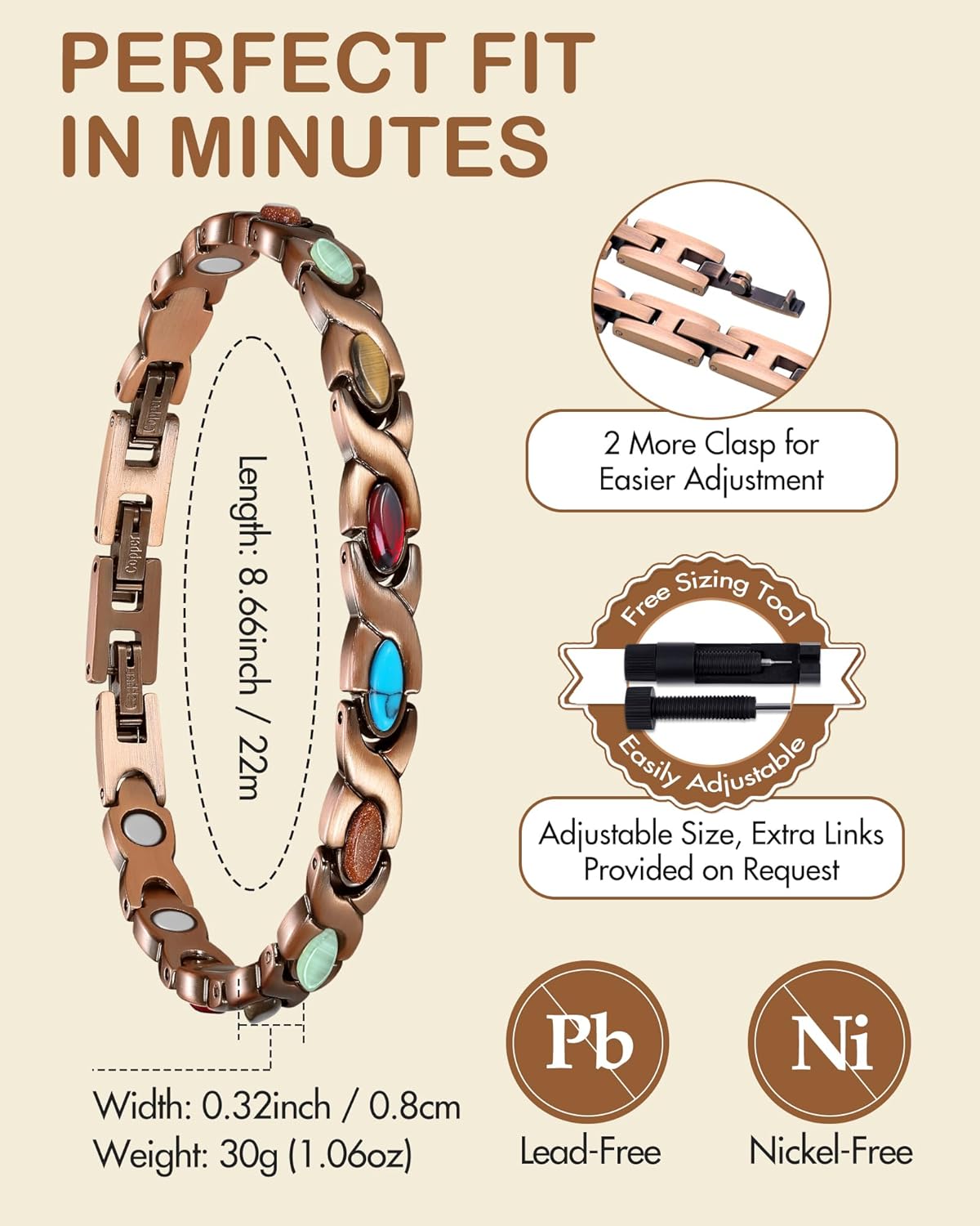 Feraco Pure Copper Bracelets for Women, Ultra Strength Magnetic Bracelet with 3800 Gauss Magnets & Natural Turquoise & Stones, Adjustable, Jewelry Gift