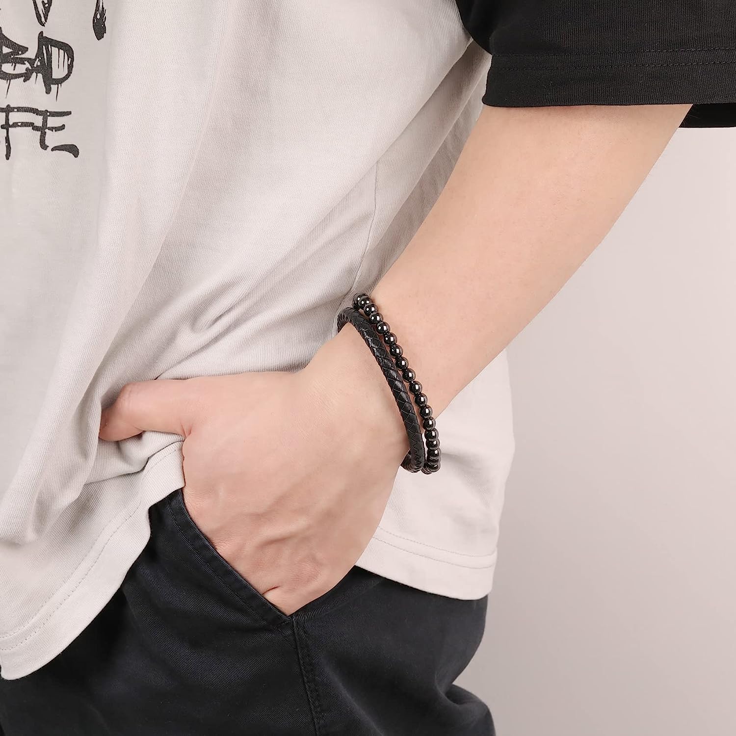 Double Layer Braided Leather Hematite Beaded Bracelets Magnetic Bracelet