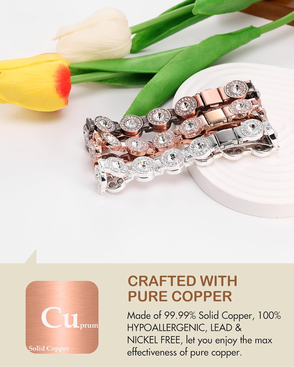 Feraco Pure Copper Bracelets for Women, 4X Ultra Strength Magnetic Bracelet with 3800 Gauss Neodymium Magnets & Dazzling Austrian Cut Crystals, Adjustable Jewelry Gift