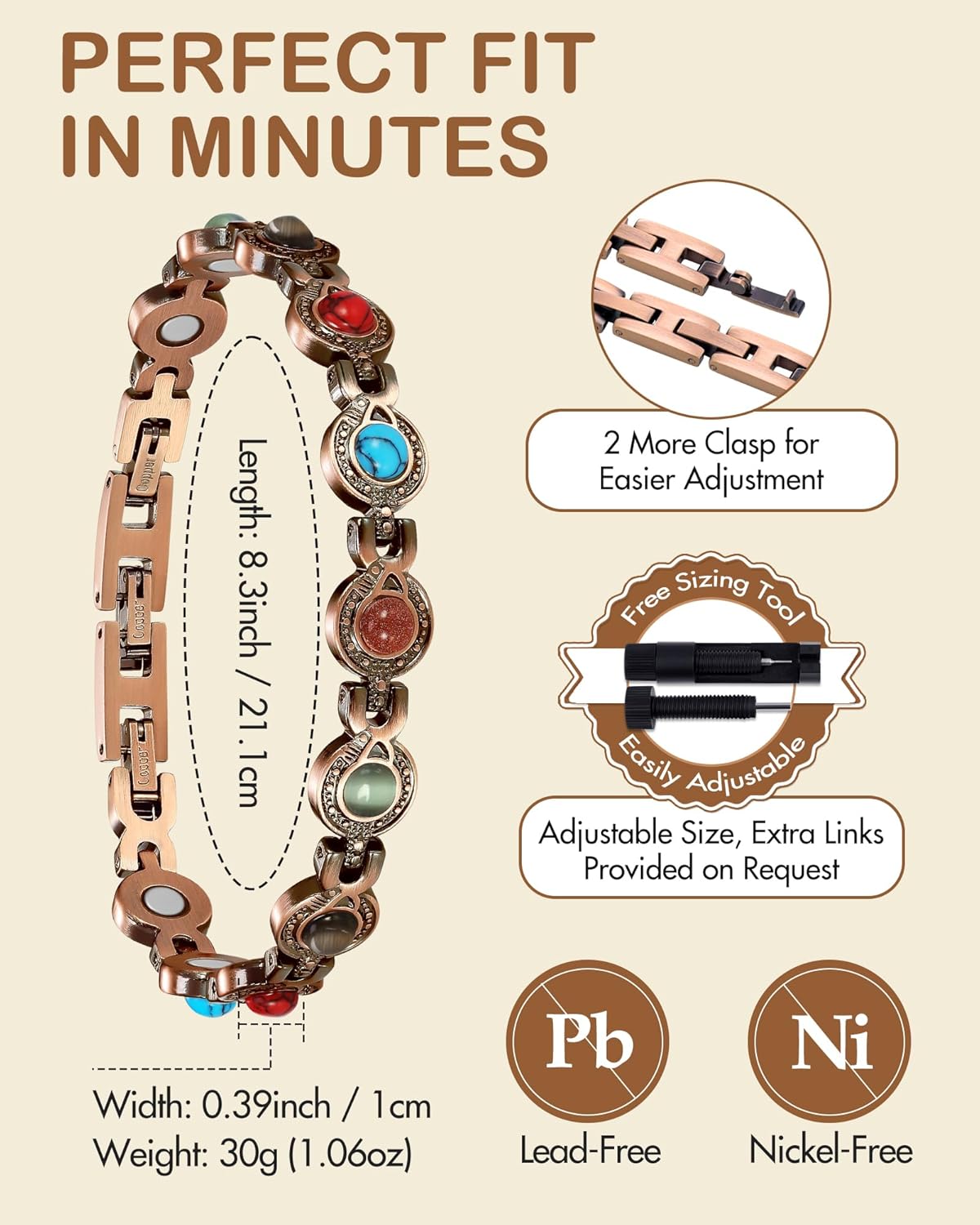 Feraco Pure Copper Bracelets for Women, Ultra Strength Magnetic Bracelet with 3800 Gauss Magnets & Natural Turquoise & Stones, Adjustable, Jewelry Gift