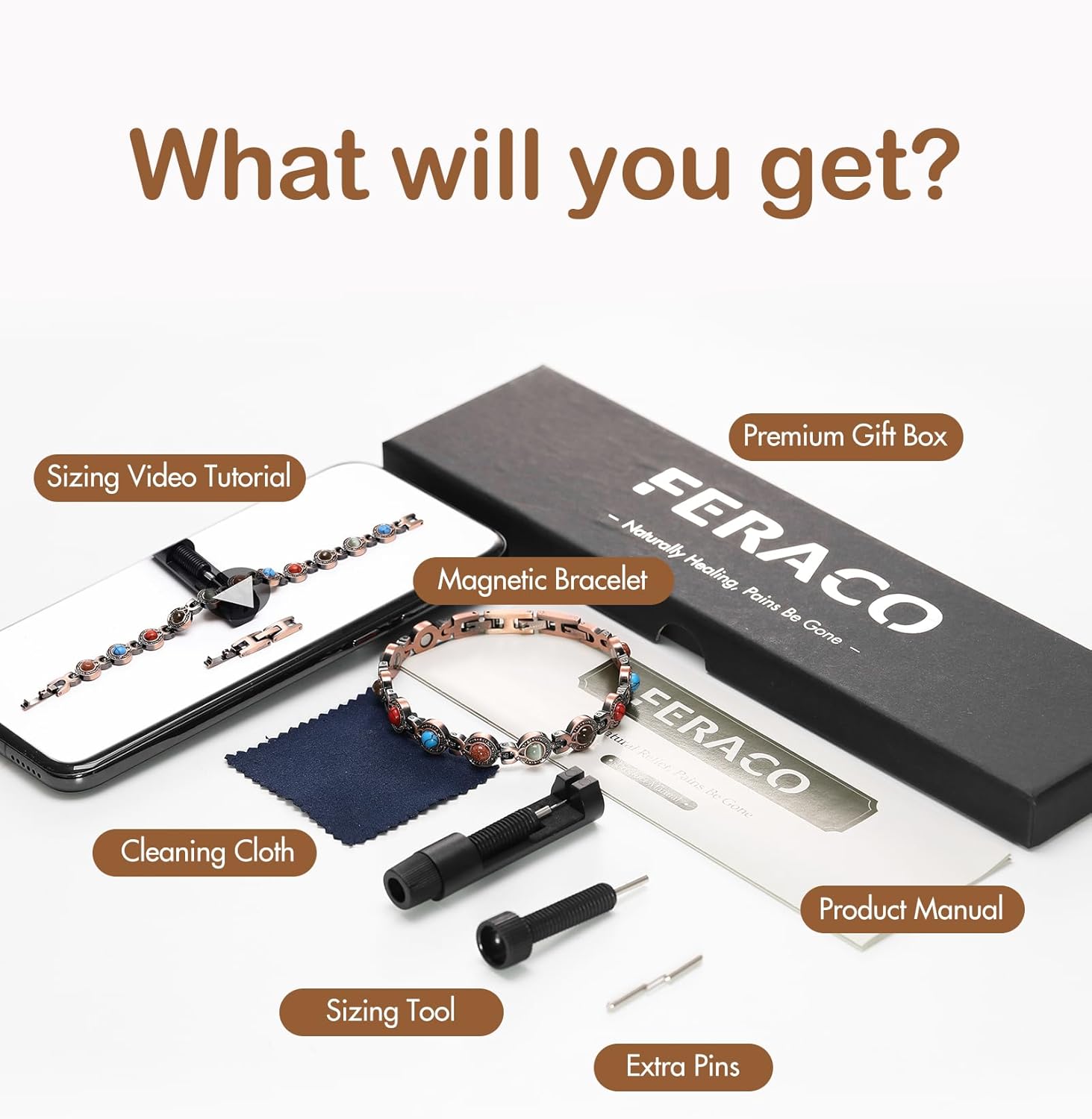 Feraco Pure Copper Bracelets for Women, Ultra Strength Magnetic Bracelet with 3800 Gauss Magnets & Natural Turquoise & Stones, Adjustable, Jewelry Gift