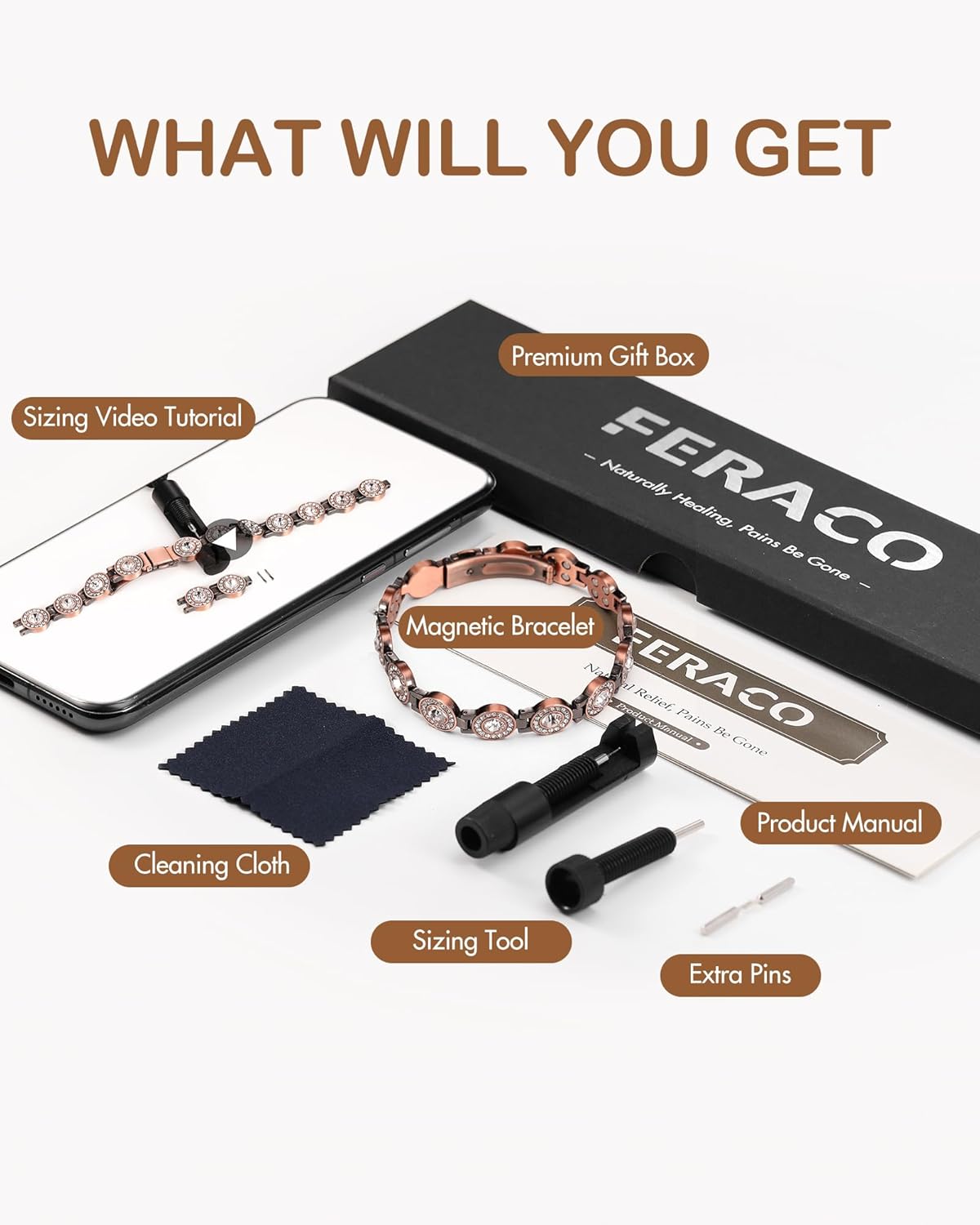 Feraco Pure Copper Bracelets for Women, 4X Ultra Strength Magnetic Bracelet with 3800 Gauss Neodymium Magnets & Dazzling Austrian Cut Crystals, Adjustable Jewelry Gift