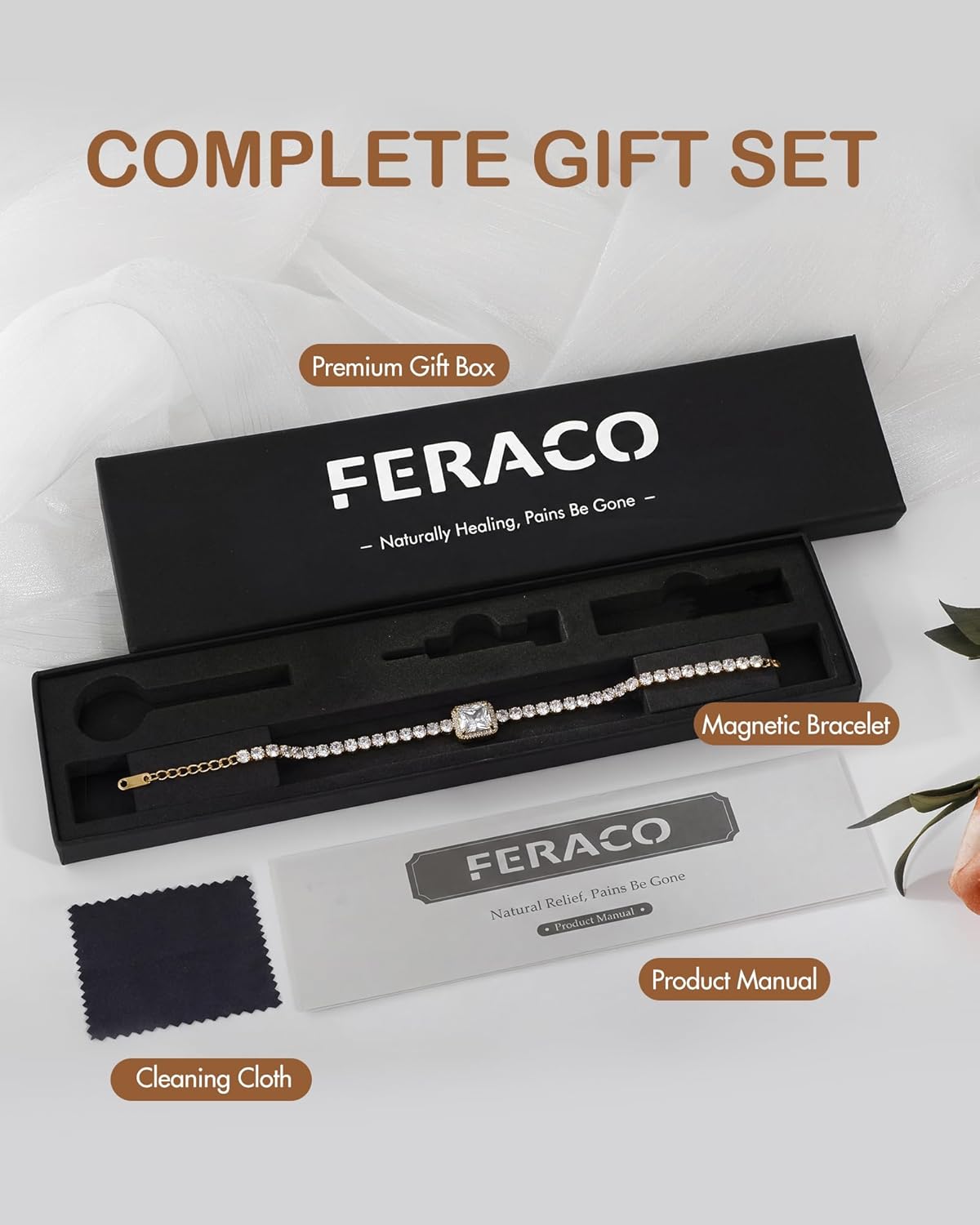 Feraco Magnetic Bracelets for Women, Stainless Steel Dainty Tennis Bracelet with 4PCS 3800 Gauss Neodymium Magnets & AAA+ Cubic Zirconia, Lobster Claw