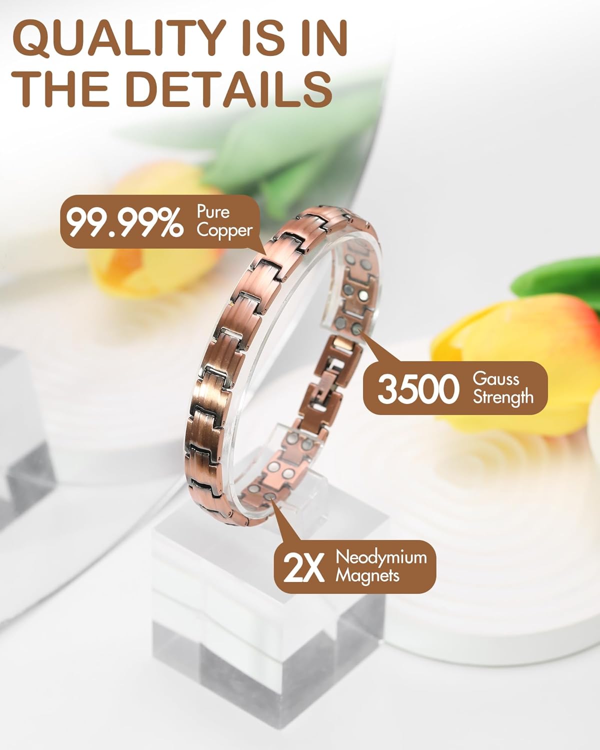 Feraco Copper Bracelets for Women, 2X Ultra Strength Magnetic Bracelet with 3500 Gauss Magnets, Adjustable with Sizing Tool, 99.99% Pure Copper Jewelry