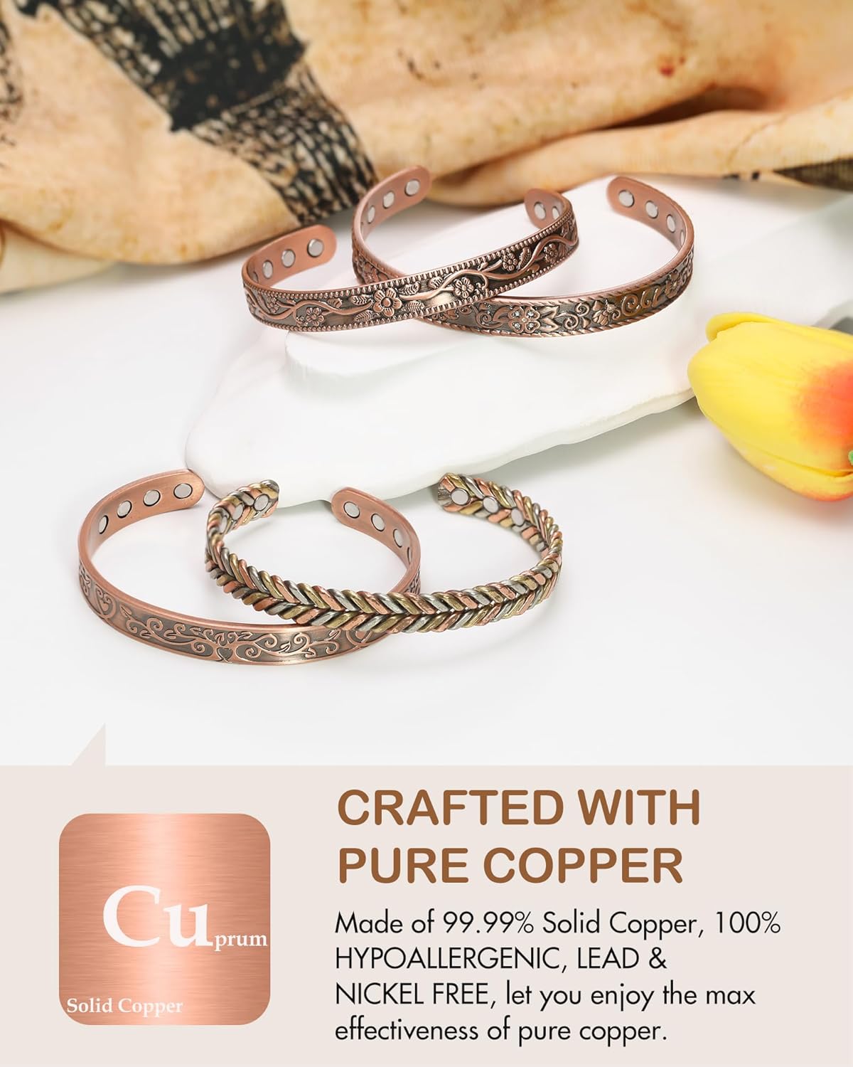 Feraco Copper Bracelet for Women, Ultra Strength Magnetic Bracelets, 99.99% Pure Copper Cuff Bangle with 3500 Gauss Neodymium Magnets, Adjustable with Gift Card