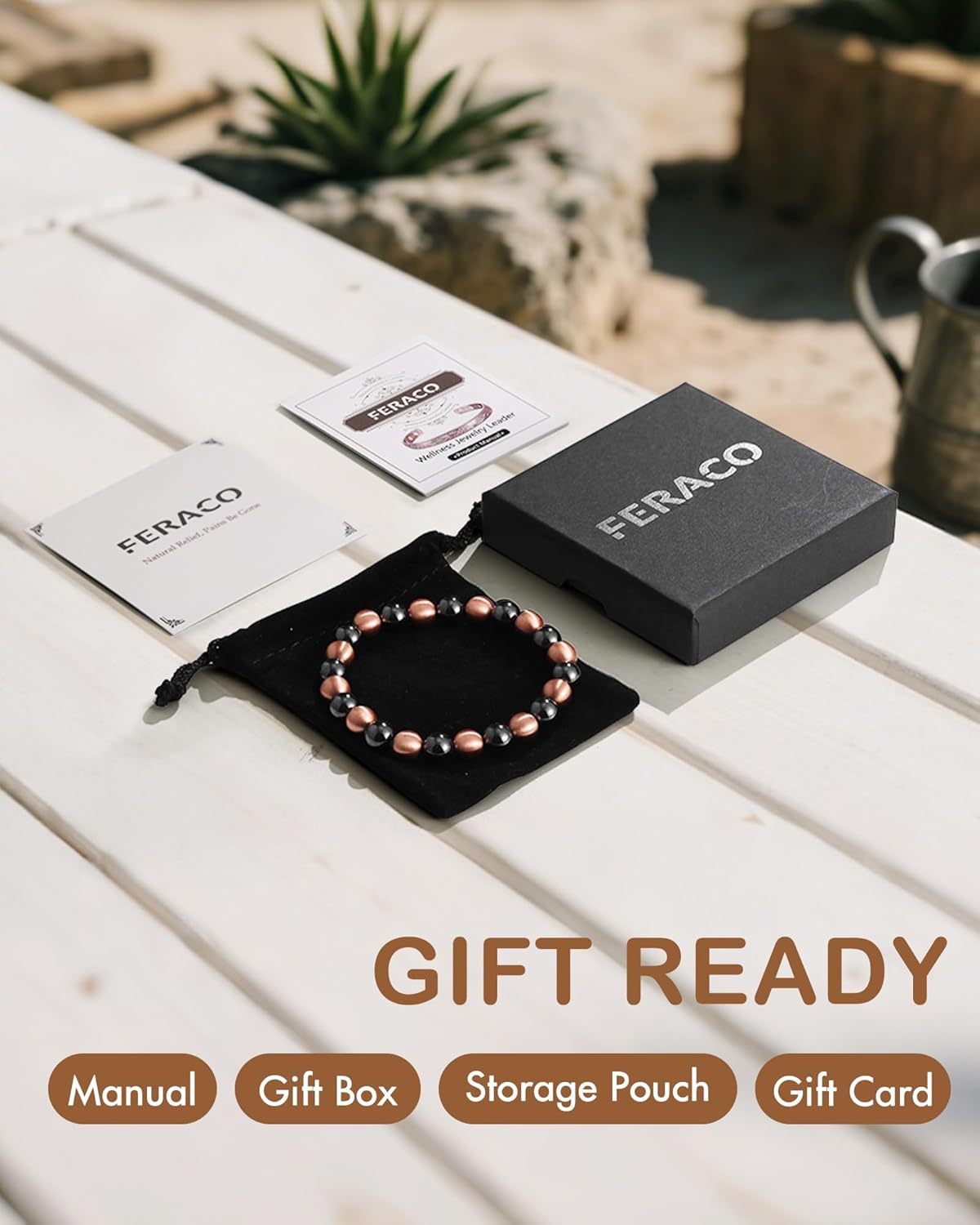 Feraco Pure Copper Magnetic Bead Bracelet for Men Women, 8mm 99.99% Solid Copper & 3500 Gauss Magnetic Hematite Beads, Unisex Stretch Wristband, Gift-Ready Jewelry
