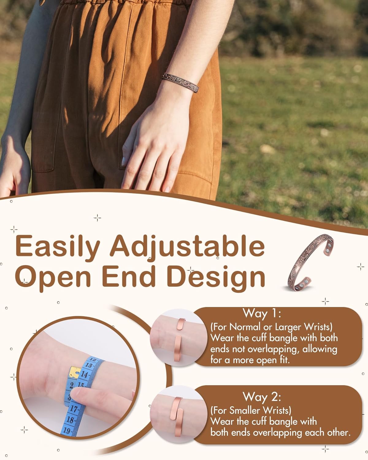 Feraco Copper Bracelet for Women, Ultra Strength Magnetic Bracelets, 99.99% Pure Copper Cuff Bangle with 3500 Gauss Neodymium Magnets, Adjustable with Gift Card