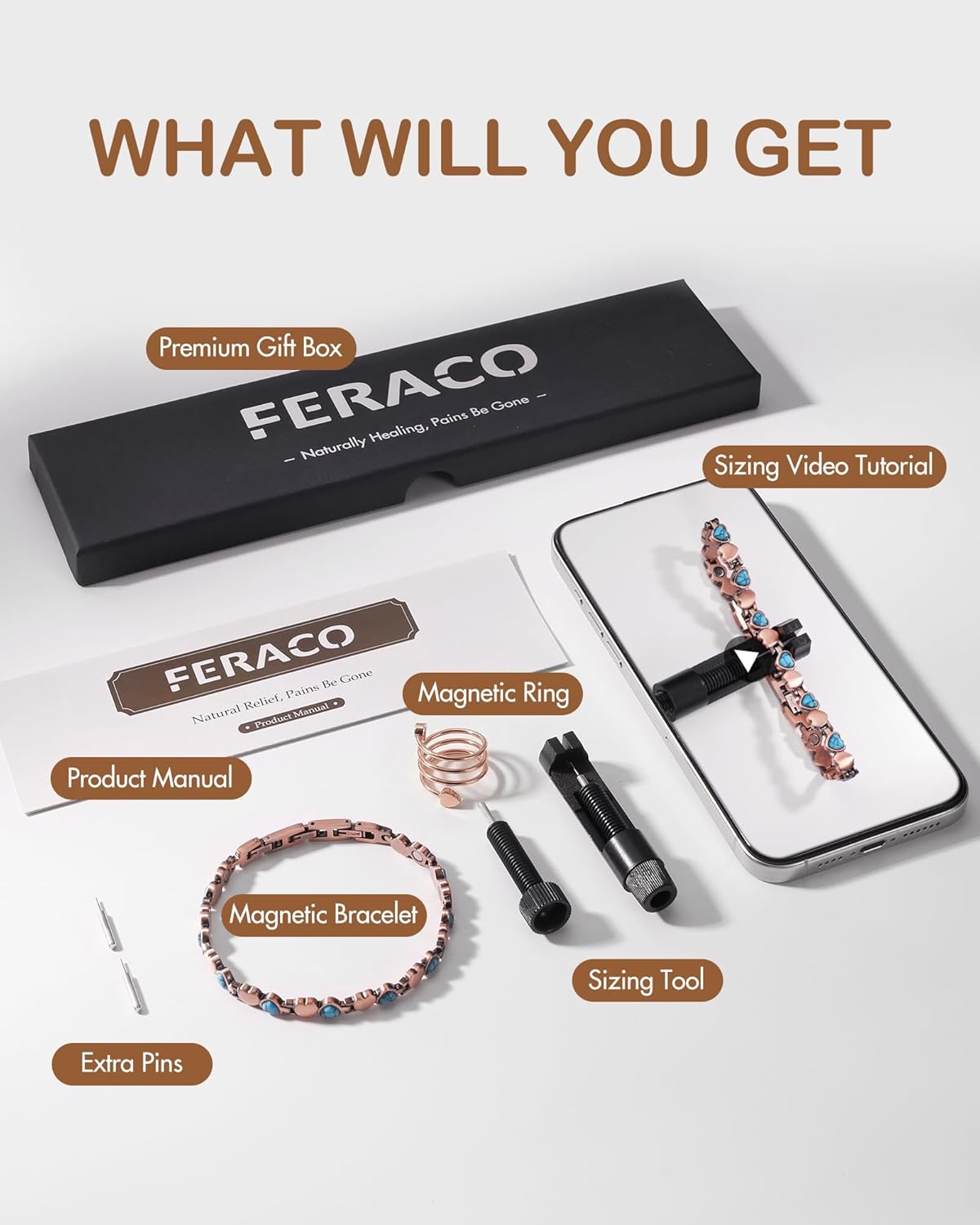 Feraco Pure Copper Bracelets & Rings for Women, Ultra Strength Magnetic Bracelet with 3800 Gauss Magnets & Natural Turquoise & Stones, Adjustable, Jewelry Gift