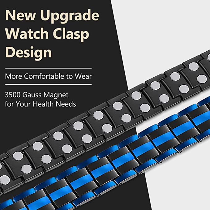Black & 3 Blue Line Double Row Magnets Titanium Steel Magnetic Bracelet