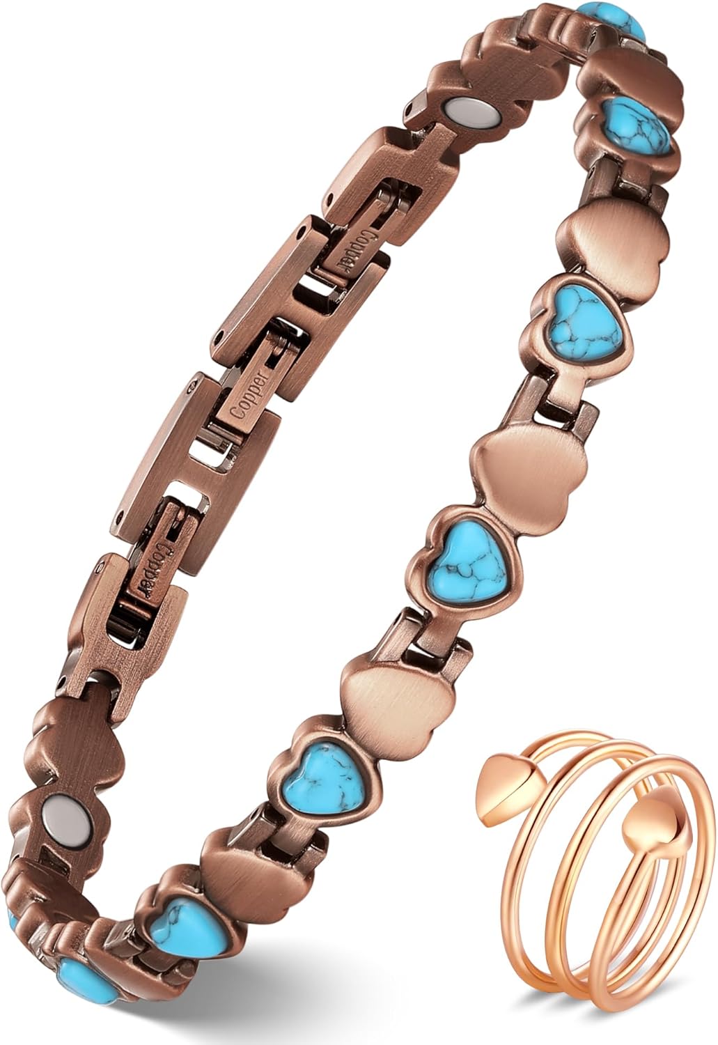 Feraco Pure Copper Bracelets & Rings for Women, Ultra Strength Magnetic Bracelet with 3800 Gauss Magnets & Natural Turquoise & Stones, Adjustable, Jewelry Gift