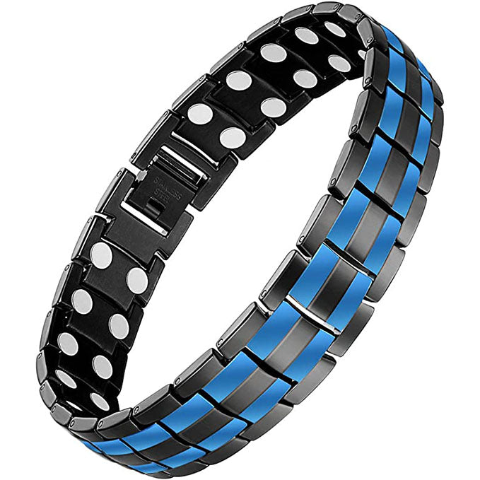 Black & 2 Blue Line Double Row Magnets Titanium Steel Magnetic Bracelet