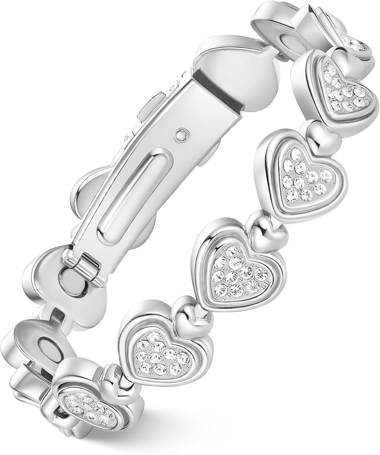 Feraco Pure Copper Bracelets for Women, Ultra Strength Magnetic Bracelet for Women with 3800 Gauss Magnet & Dazzling Austrian Crystals Stone, Heart-Shaped (Silver, 7.09 inches (18cm))