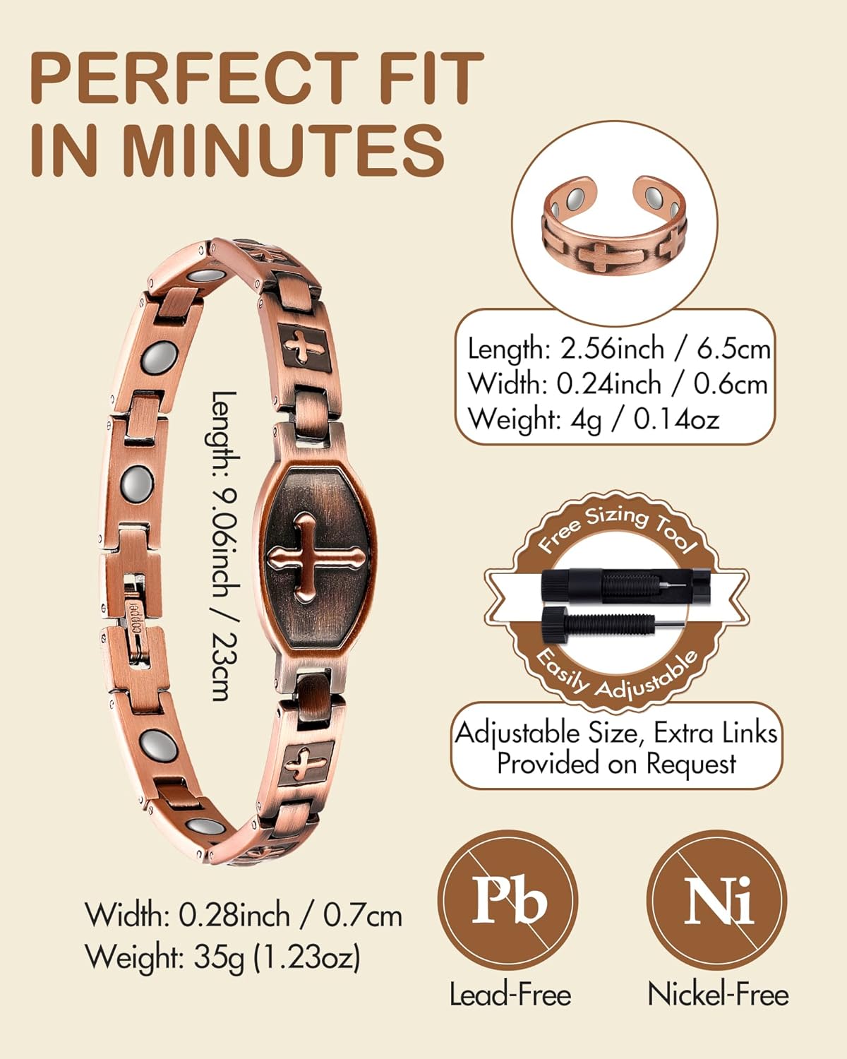 Feraco Copper Bracelets for Women, 99.99% Pure Copper Magnetic Bracelets with Effective Neodymium Magnets, Adjustable Jewelry Gift with Sizing Tool