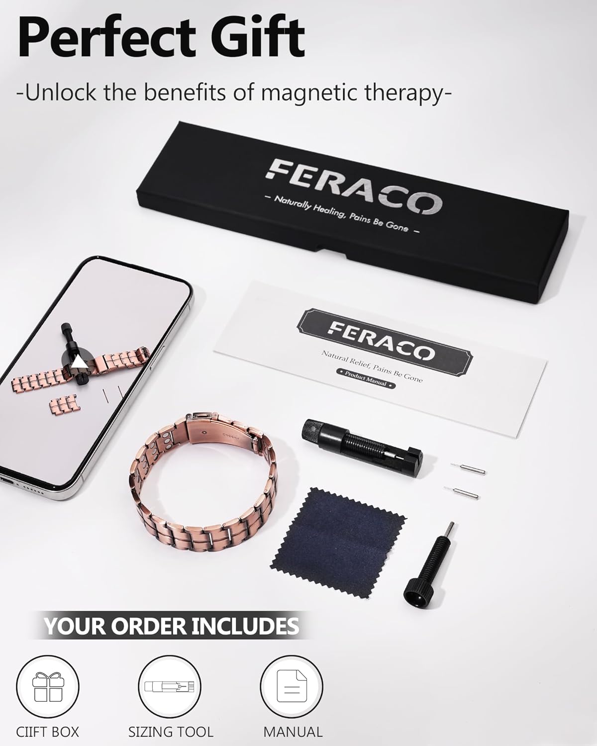 Feraco 3X Strength Copper Magnetic Bracelet for Men,99.99% Pure Copper with 3800 Gauss Magnets,Copper Gifts for Him