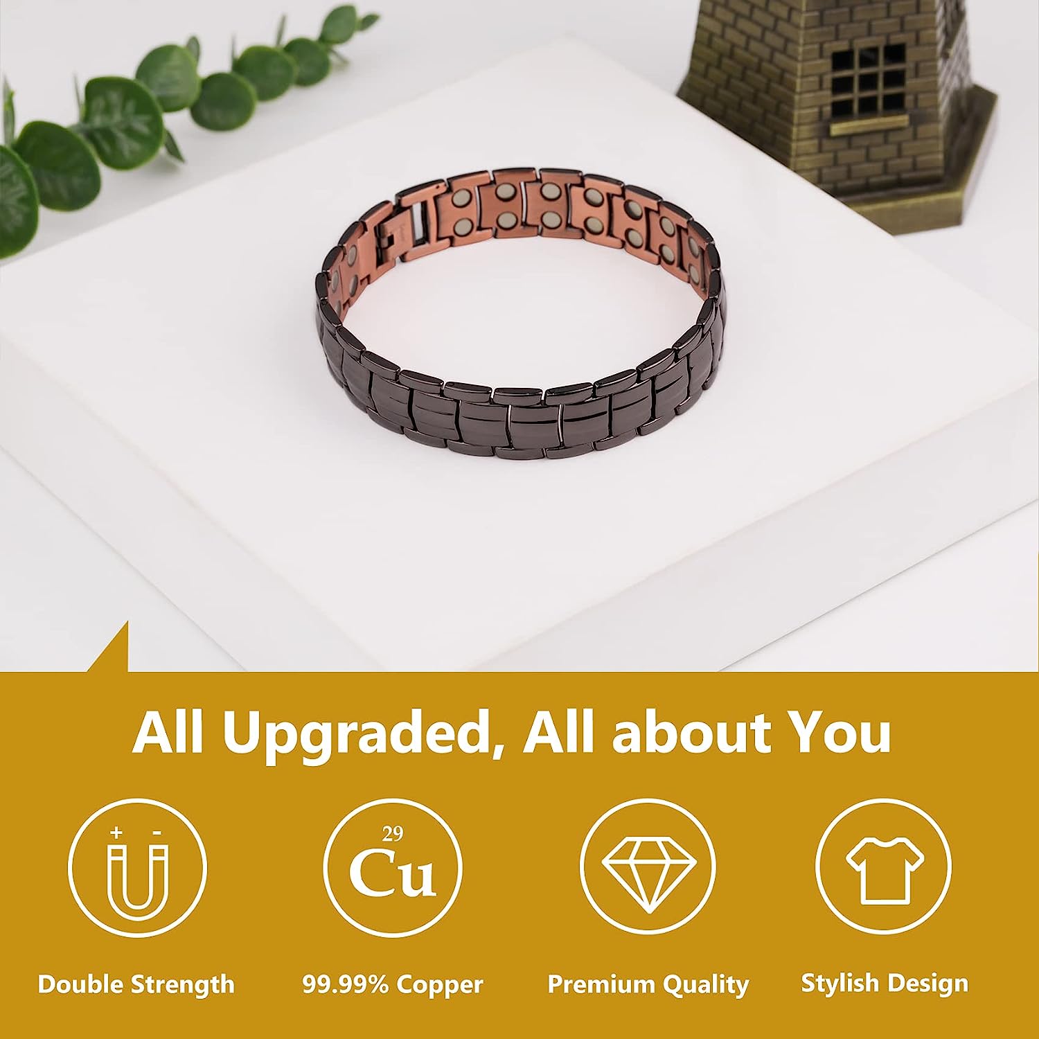 Black Men's Copper Bracelets with Double-Row Strong Magnets