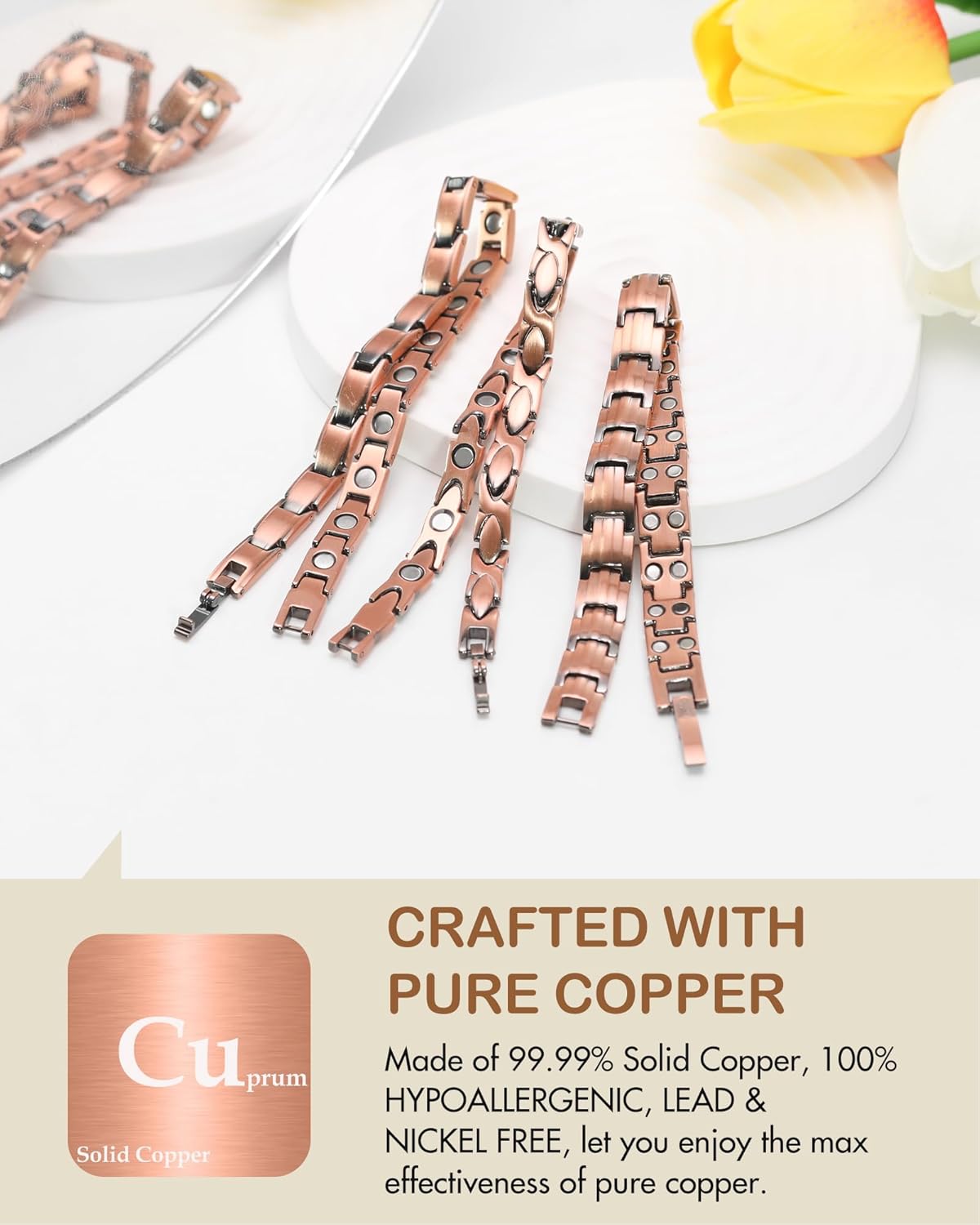 Feraco Copper Bracelets for Women, 2X Ultra Strength Magnetic Bracelet with 3500 Gauss Magnets, Adjustable with Sizing Tool, 99.99% Pure Copper Jewelry