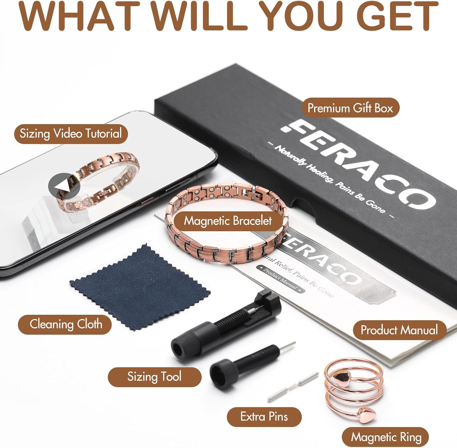 Feraco Copper Bracelets & Ring for Women, 2X Ultra Strength Magnetic Bracelet with 3500 Gauss Magnets, Adjustable with Sizing Tool, 99.99% Pure Copper Jewelry