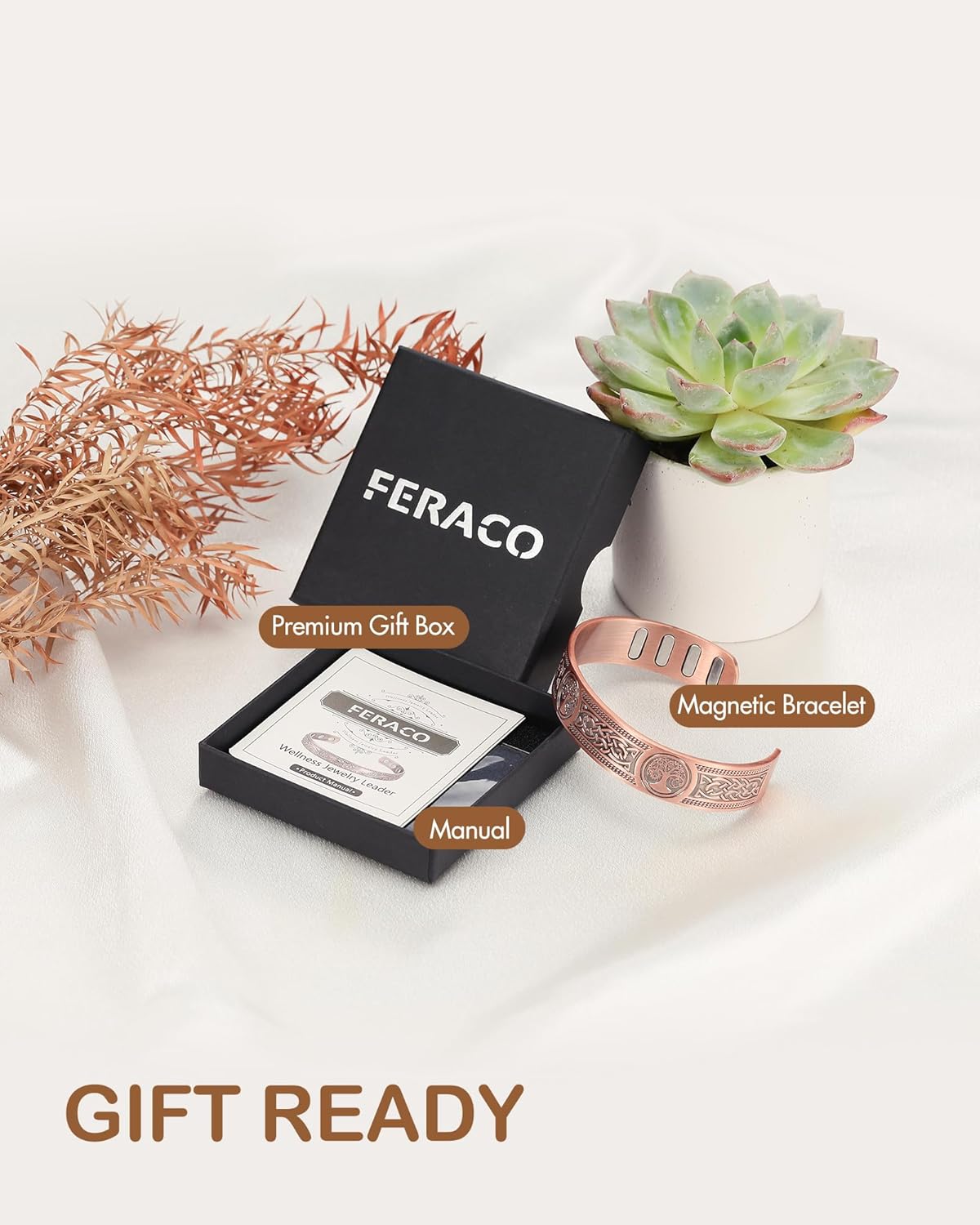 Feraco Copper Bracelet for Men, 5X Ultra Strength Magnetic Cuff Bangle with 5000 Gauss Neodymium Magnets, 99.99% Pure Copper Jewelry Gift, Adjustable