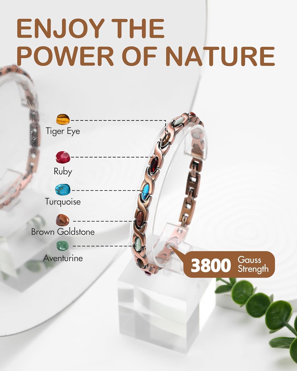 Feraco Pure Copper Bracelets for Women, Ultra Strength Magnetic Bracelet with 3800 Gauss Magnets & Natural Turquoise & Stones, Adjustable, Jewelry Gift