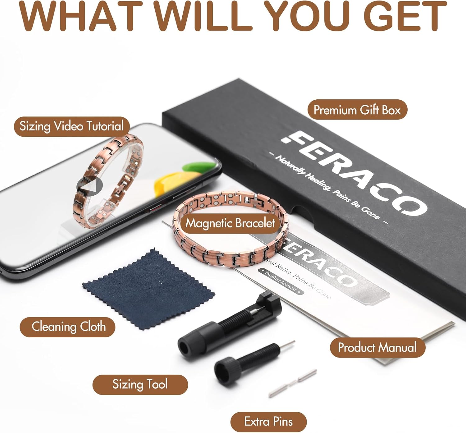 Feraco Copper Bracelets for Women, 2X Ultra Strength Magnetic Bracelet with 3500 Gauss Magnets, Adjustable with Sizing Tool, 99.99% Pure Copper Jewelry