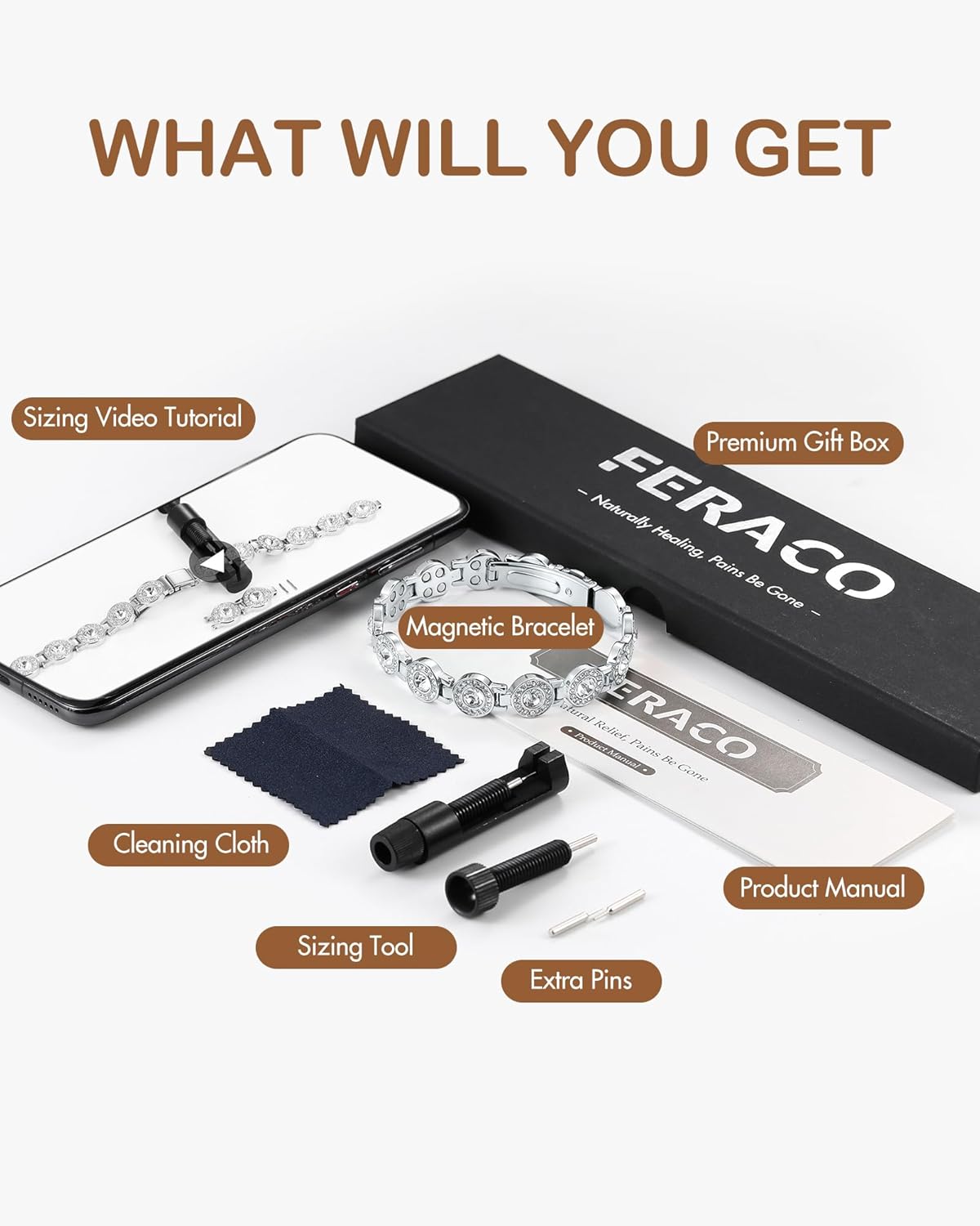 Feraco Pure Copper Bracelets for Women, 4X Ultra Strength Magnetic Bracelet with 3800 Gauss Neodymium Magnets & Dazzling Austrian Cut Crystals Stone, Adjustable Jewelry Gift