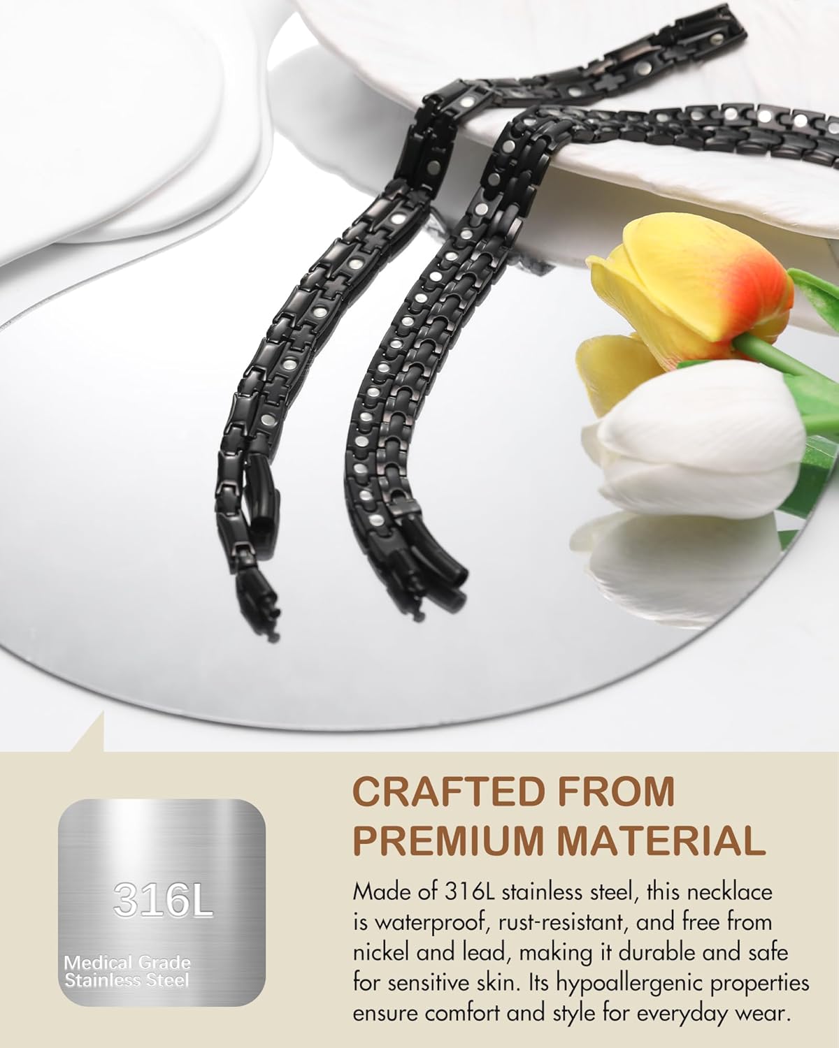 Feraco Magnetic Necklace for Men Women, Titanium Stainless Steel Magnetic Chain with Ultra Strength Neodymium Magnets & Cross Pattern, Black Jewelry Gift, Adjustable