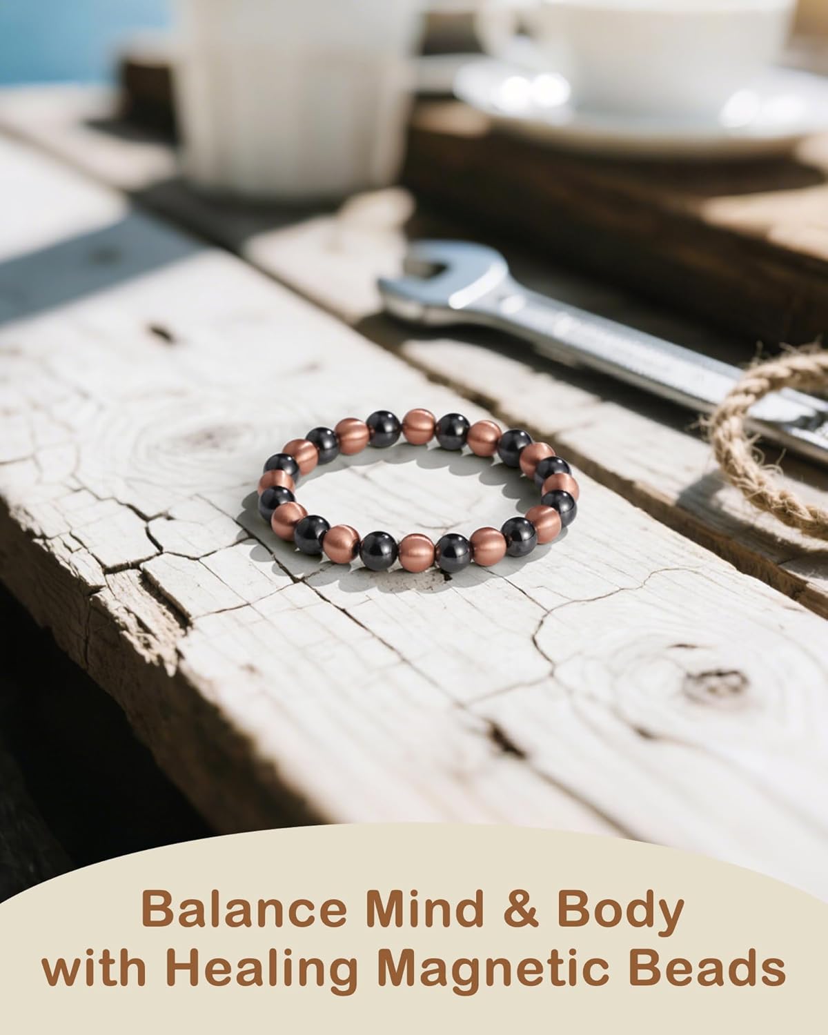 Feraco Pure Copper Magnetic Bead Bracelet for Men Women, 8mm 99.99% Solid Copper & 3500 Gauss Magnetic Hematite Beads, Unisex Stretch Wristband, Gift-Ready Jewelry