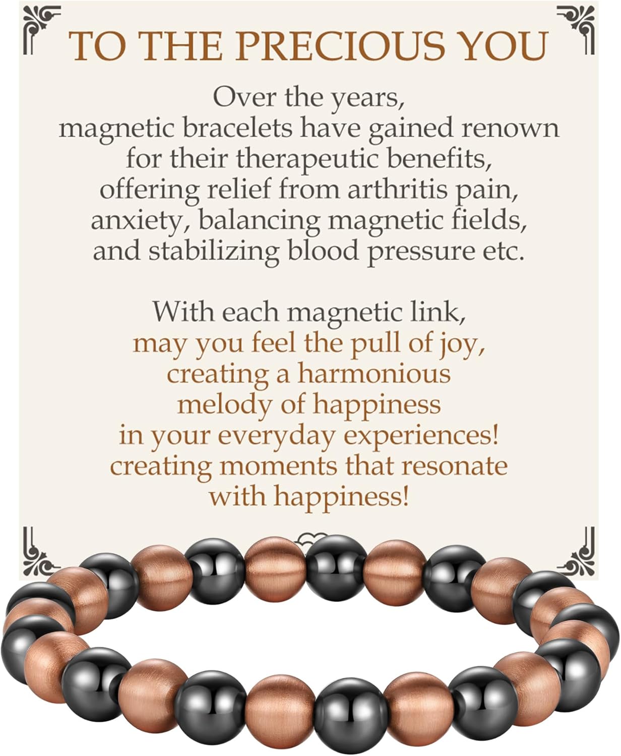 Feraco Pure Copper Magnetic Bead Bracelet for Men Women, 8mm 99.99% Solid Copper & 3500 Gauss Magnetic Hematite Beads, Unisex Stretch Wristband, Gift-Ready Jewelry