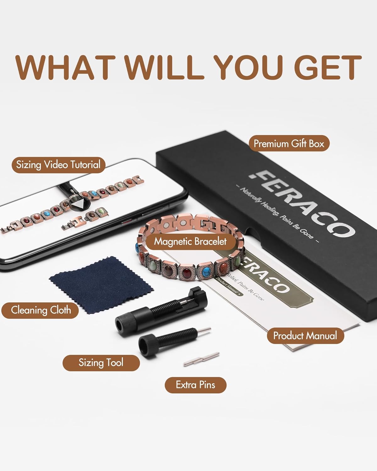 Feraco Pure Copper Bracelets for Women, Ultra Strength Magnetic Bracelet with 3800 Gauss Magnets & Natural Turquoise & Stones, Adjustable, Jewelry Gift