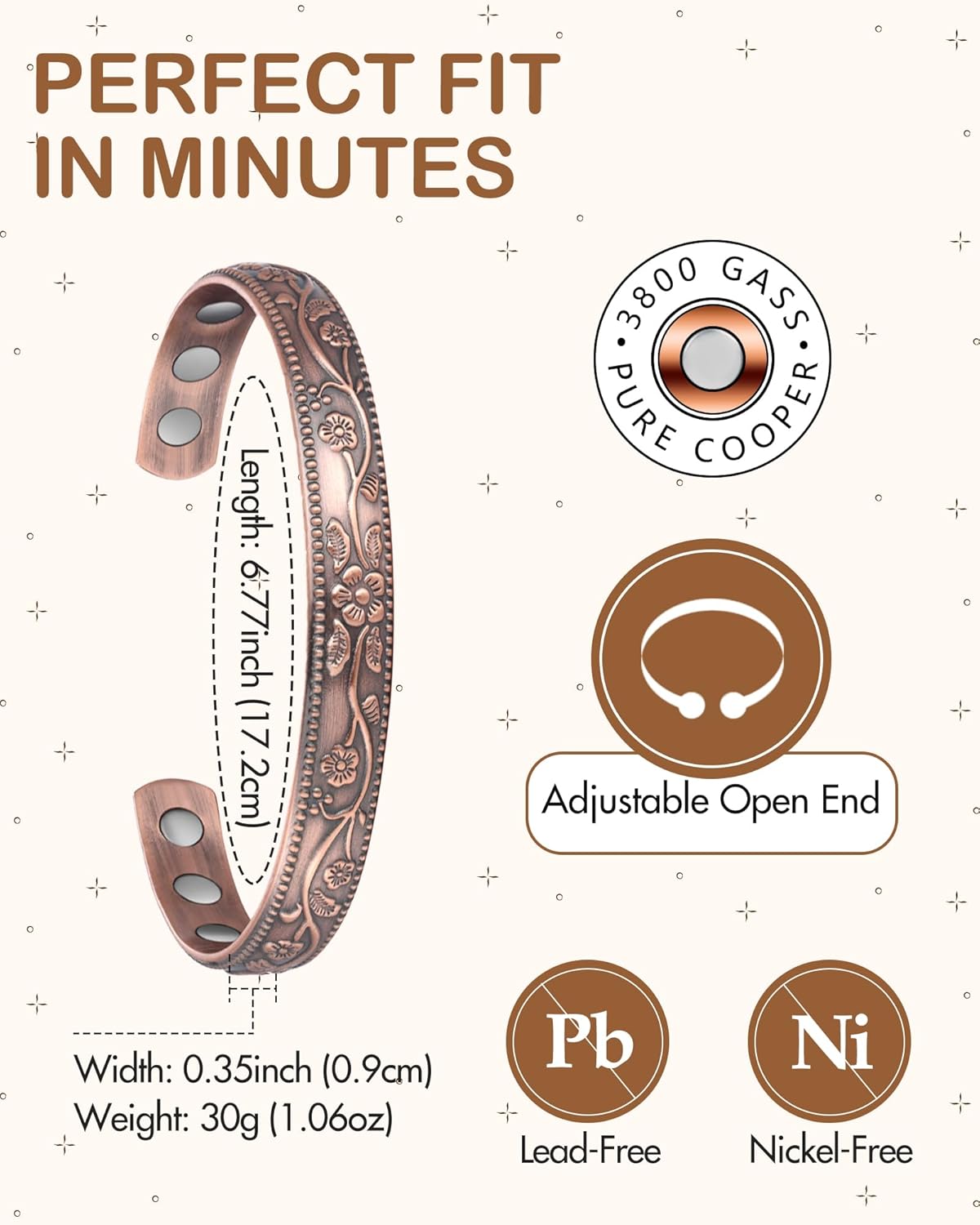 Feraco Copper Bracelet for Women, Ultra Strength Magnetic Bracelets, 99.99% Pure Copper Cuff Bangle with 3500 Gauss Neodymium Magnets, Adjustable with Gift Card
