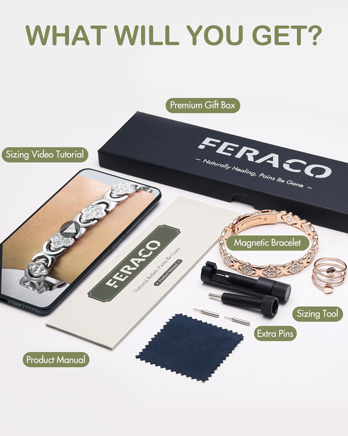 Feraco Pure Copper Bracelets & Rings for Women, Ultra Strength Magnetic Bracelet for Women with Neodymium Magnets & Sparkling Cubic Zirconia, Adjustable, Infinite Clover Jewelry (Rose Gold)