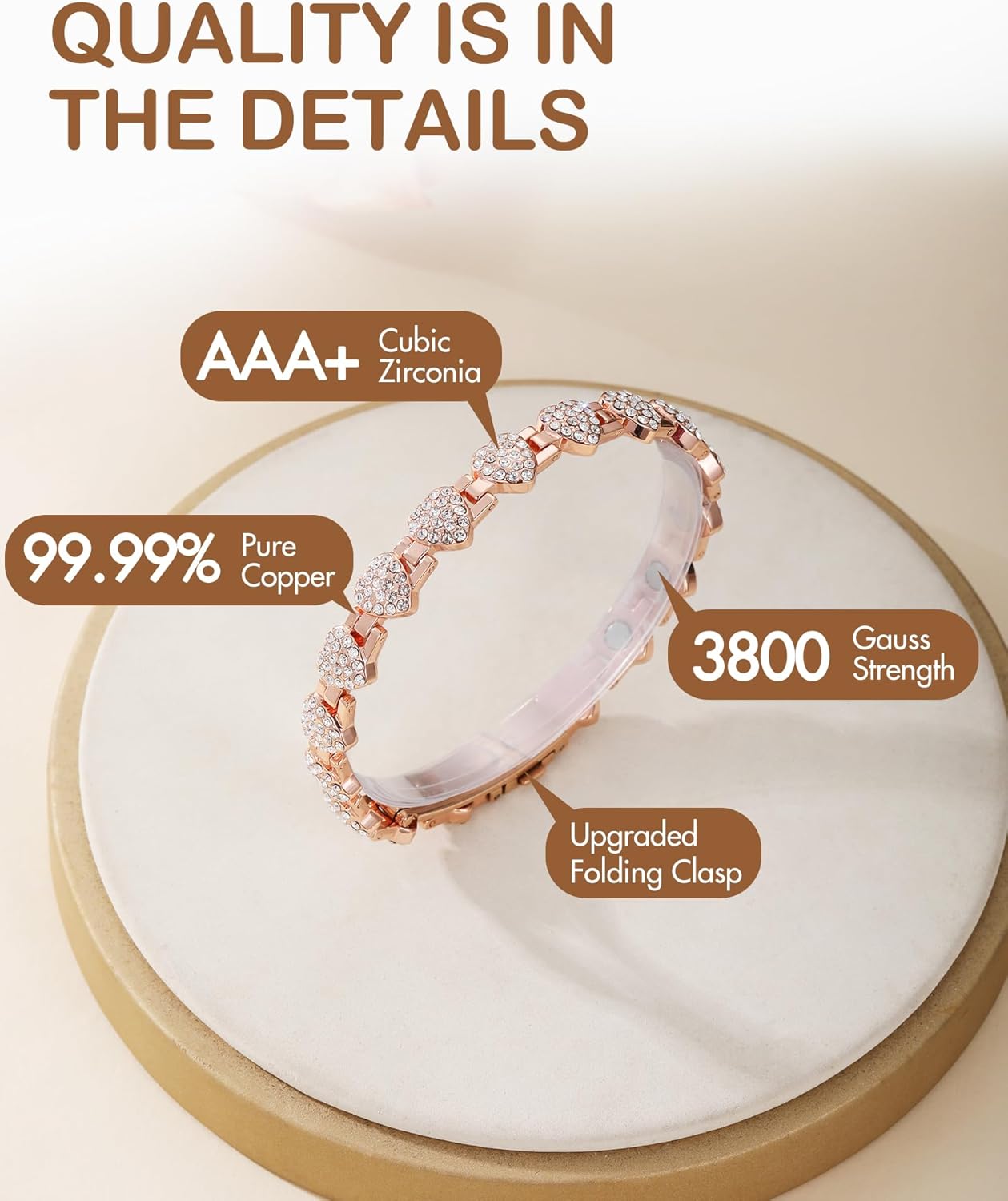 Feraco Copper Bracelets for Women, Ultra Strength Magnetic Bracelet with 3800 Gauss Neodymium Magnets & Dazzling Cubic Zirconia, 99.99% Pure Copper Jewelry Gift, Heart Shape