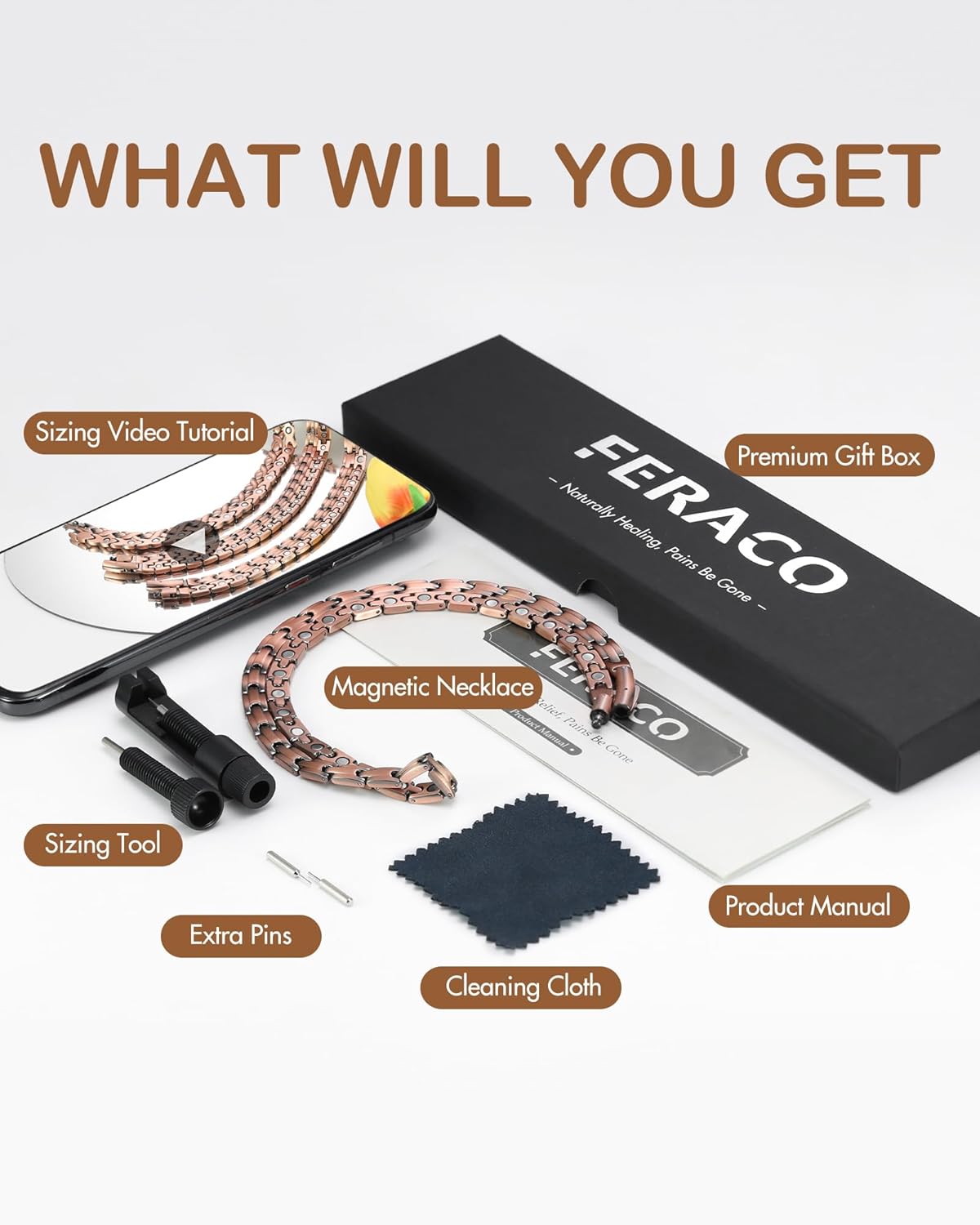 Feraco Copper Necklace for Men Women, 99.99% Pure Copper Magnetic Chains with 3500 Gauss Ultra Strength Neodymium Magnets, Adjustable Jewelry Gift with Sizing Tool