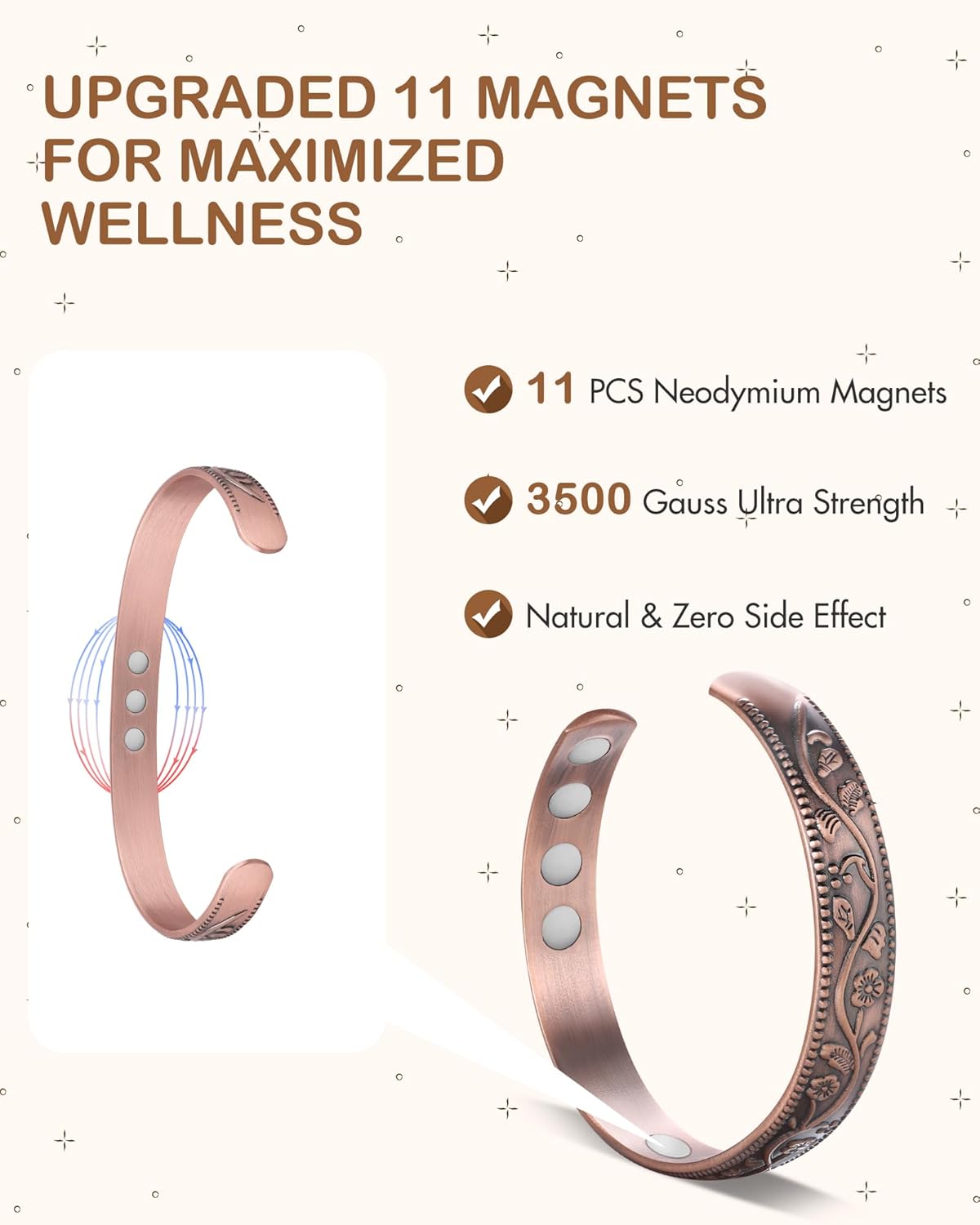 Feraco Copper Bracelet for Women, Ultra Strength Magnetic Bracelets, 99.99% Pure Copper Cuff Bangle with 3500 Gauss Neodymium Magnets, Adjustable with Gift Card