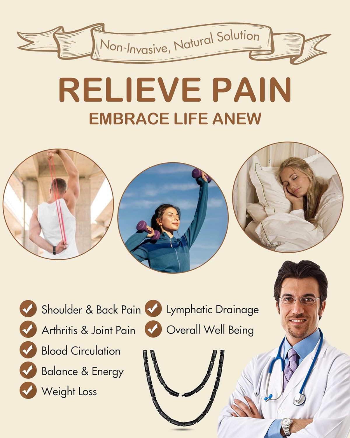 Feraco Magnetic Necklace for Men Women, Titanium Stainless Steel Magnetic Chain with Ultra Strength Neodymium Magnets & Cross Pattern, Black Jewelry Gift, Adjustable