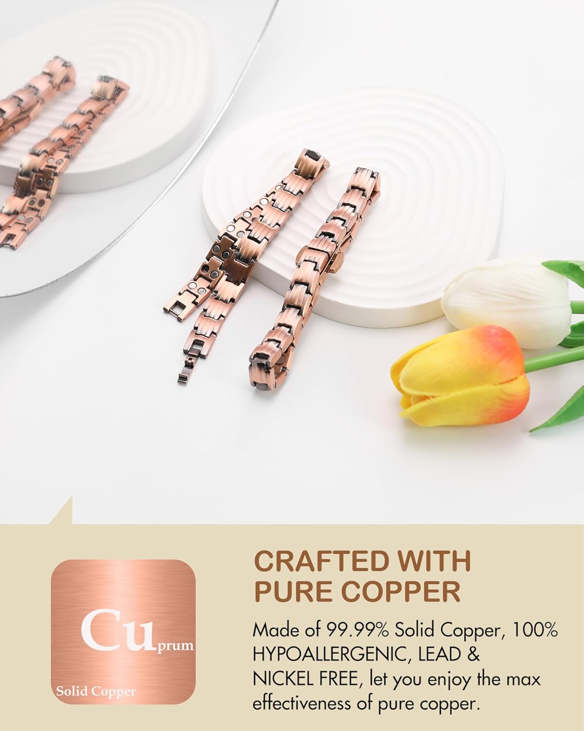 Feraco Pure Copper Bracelets for Women, 5X Ultra Strength Magnetic Bracelet with 5000 Gauss Neodymium Magnets & Upgraded Butterfly Clasp, Adjustable Jewelry Gift