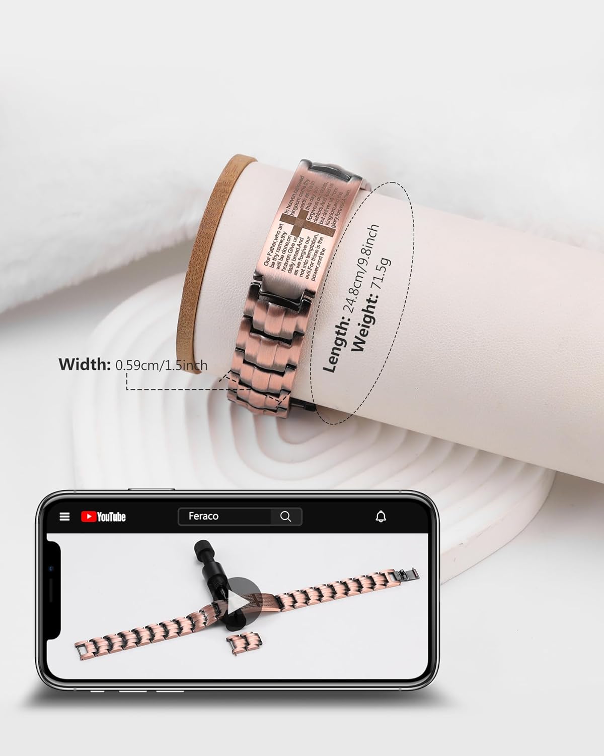 Feraco Copper Cross Bracelet for Men,Magnetic Therapy Bracelet Copper Jewelry with Powerful 3800 Gauss Magnets