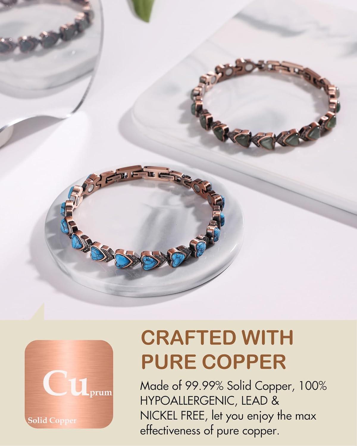 Feraco Pure Copper Bracelets for Women, Ultra Strength Magnetic Bracelet with 3800 Gauss Magnets & Natural Turquoise & Stones, Adjustable, Jewelry Gift