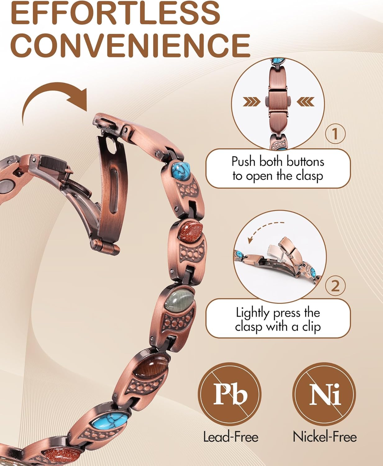 Feraco Pure Copper Bracelets for Women, Ultra Strength Magnetic Bracelet with 3800 Gauss Magnets & Natural Turquoise & Stones, Adjustable, Jewelry Gift