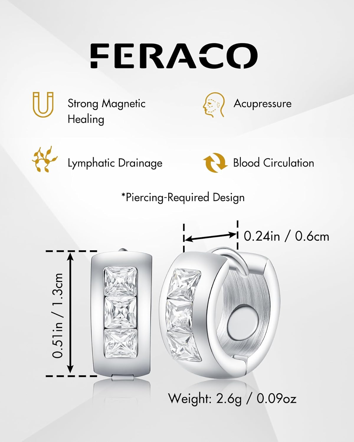 Feraco Magnetic Hoop Earrings for Women with 3500 Gauss Neodymium Magnet, 316L Stainless Steel Magnetic Therapy Jewelry, Ear Acupuncture